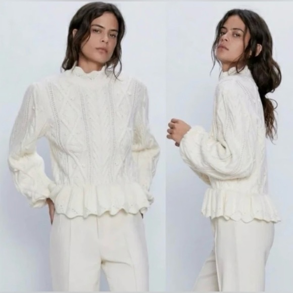 NWOT Zara Wool Blend Peplum Cable Knit Warm High Neck Cream Sweater Size Medium - Picture 1 of 13